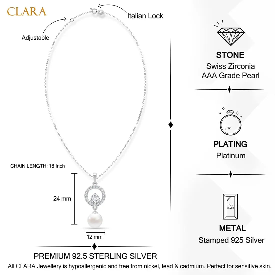 CLARA 925 Sterling Silver Pendant Earrings Chain Bracelet Ring for Women & Girls | Platinum Plated | Gift for Her EliteDealsHub