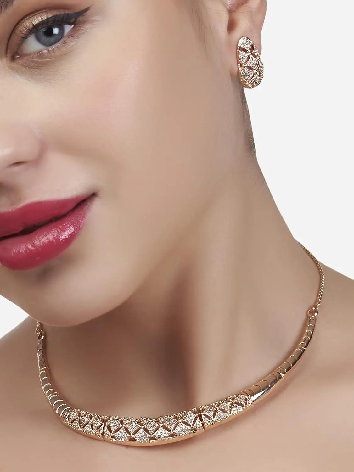ZAVERI PEARLS Rose Gold Cubic Zirconia Party Bling women necklace earring set EliteDealsHub   EliteDealsHub
