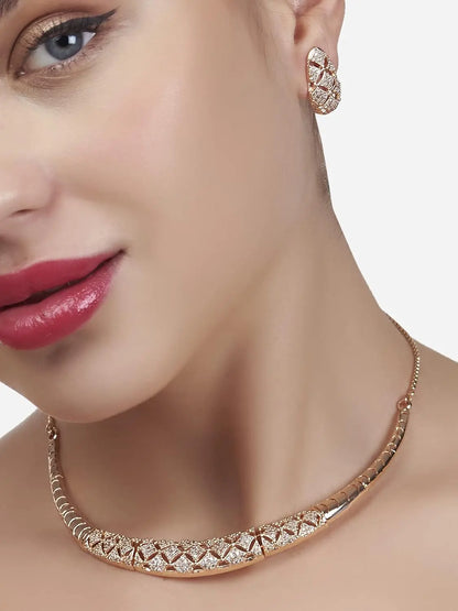 ZAVERI PEARLS Rose Gold Cubic Zirconia Party Bling women necklace earring set EliteDealsHub   EliteDealsHub