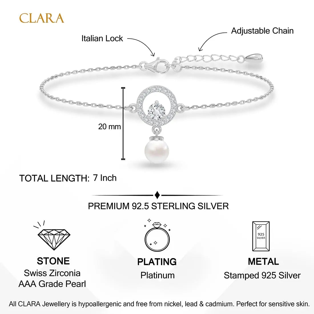 CLARA 925 Sterling Silver Pendant Earrings Chain Bracelet Ring for Women & Girls | Platinum Plated | Gift for Her EliteDealsHub