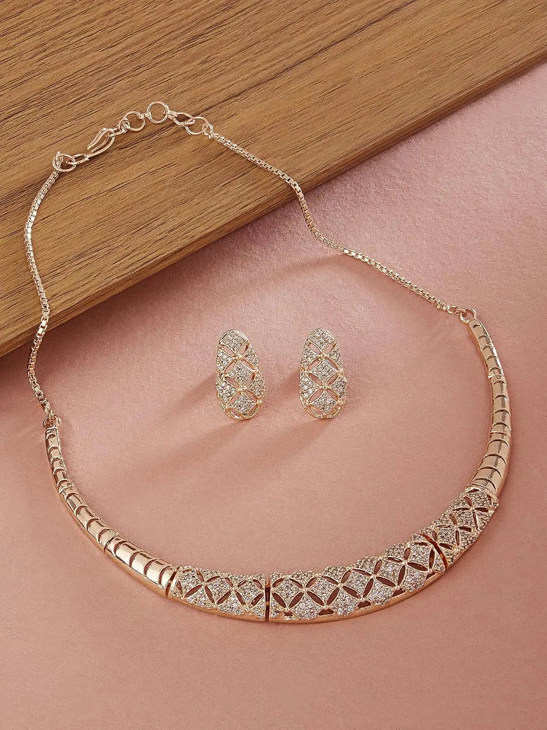 ZAVERI PEARLS Rose Gold Cubic Zirconia Party Bling women necklace earring set EliteDealsHub   EliteDealsHub