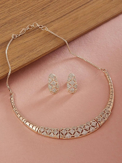 ZAVERI PEARLS Rose Gold Cubic Zirconia Party Bling women necklace earring set EliteDealsHub   EliteDealsHub