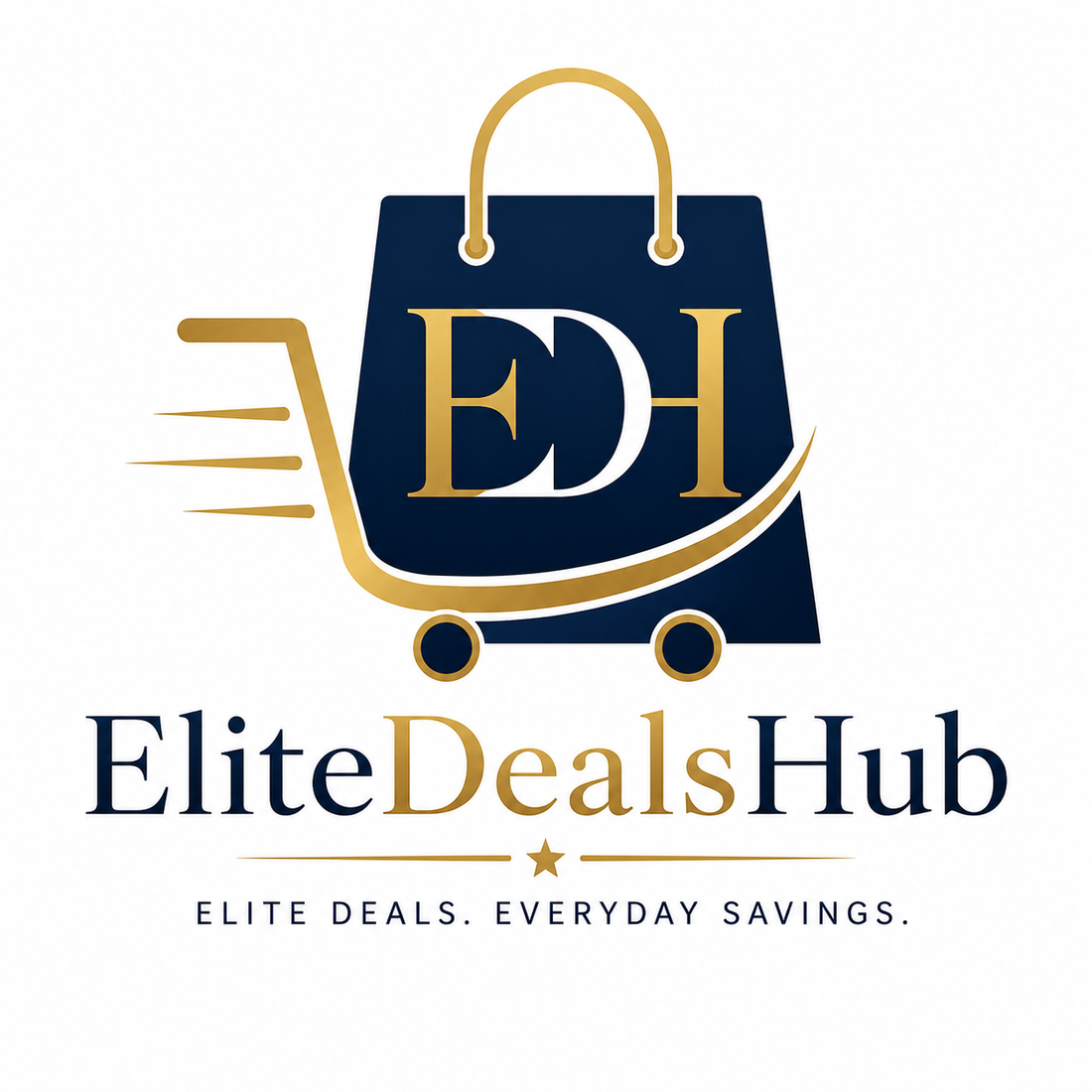 EliteDealsHub logo with shopping bag and cart, gold and navy design, elite deals everyday savings