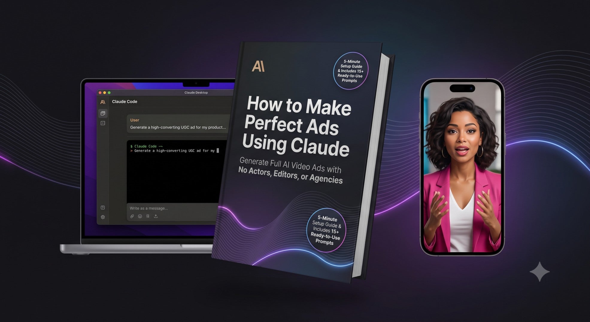 AI guidebook 'How to Make Perfect Ads Using Claude' with laptop and phone showing ad creation tools and video demo